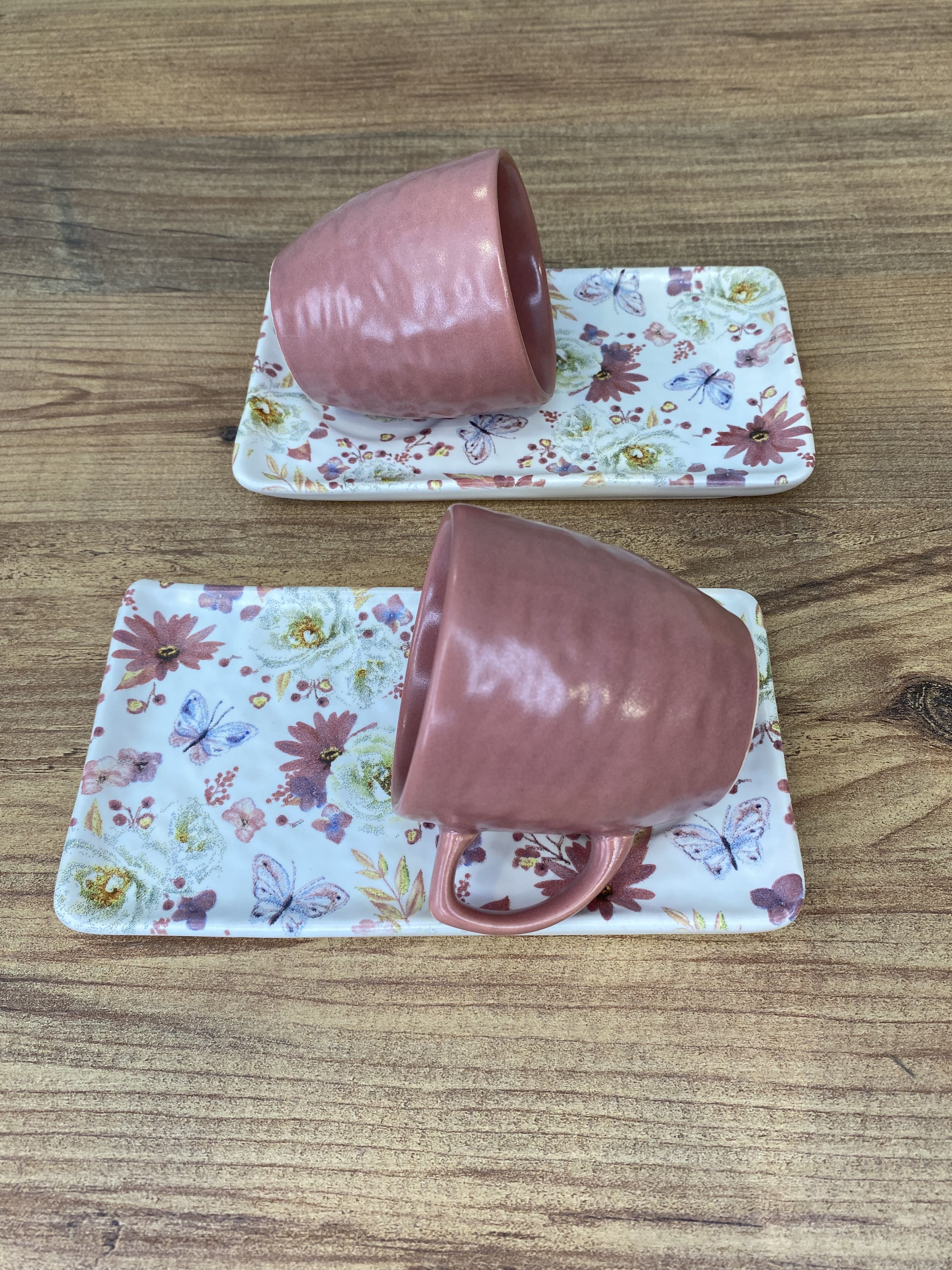 2 Kişilik Kahve Takımı - Pembe Kelebek