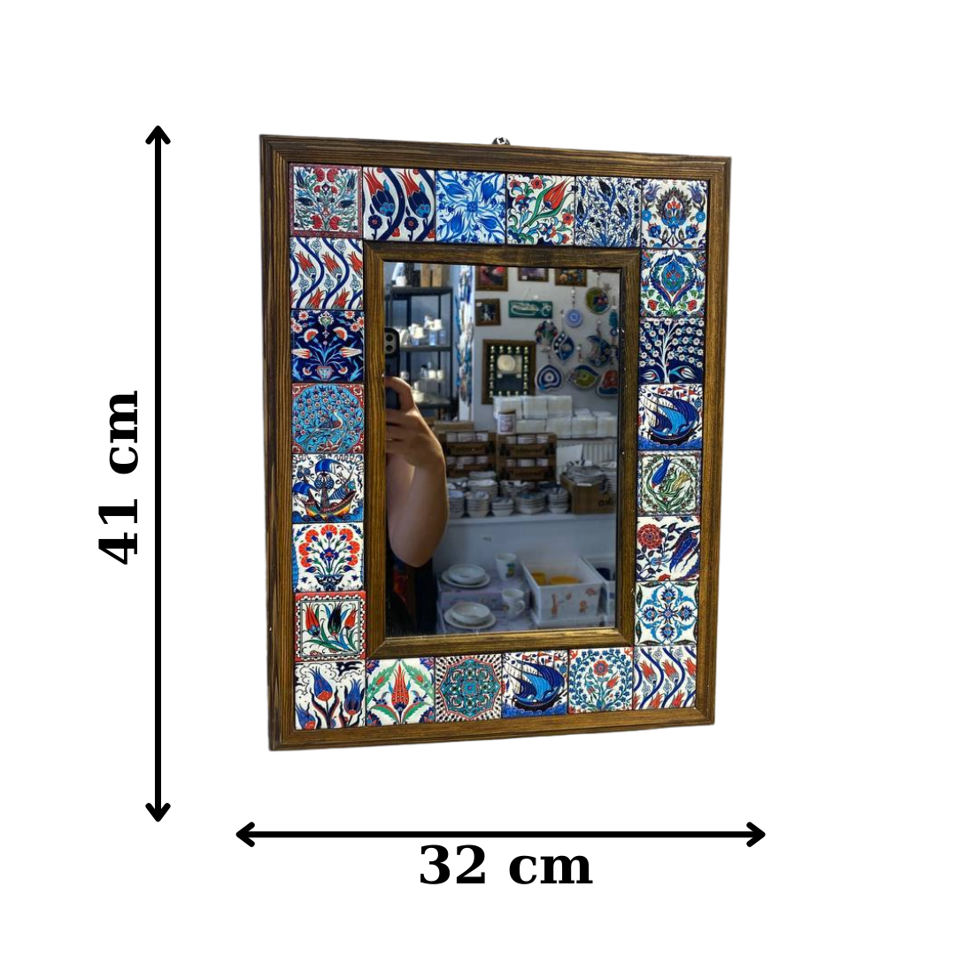 El İşlemeli Çini Desenli Ahşap Çerçeveli Dekoratif Ayna